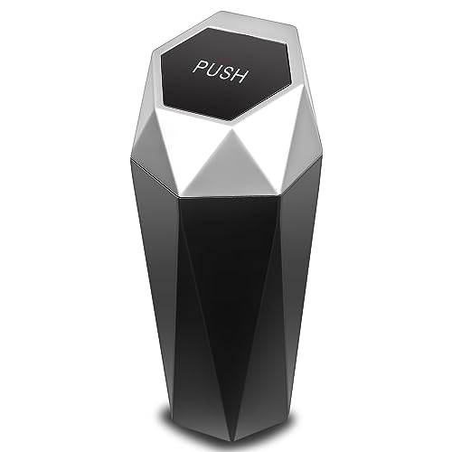 DNA Motoring Mini Car Auto Trash Can with Removable Lid, Leakproof Mini Garbage Bin for Automotive Home Office,Black/Silver,ZTL-OD-01-SL