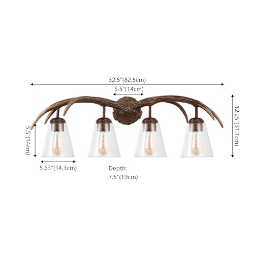Image of JONATHAN Y 32.5 inch Brown Wood Finish 4-Light Resin Antlers Vanity Light Wall Sconce Rustic Farmhouse for Living Room Bathroom with Clear Seeded Glass Shades LED Bulbs Included JYL6315A