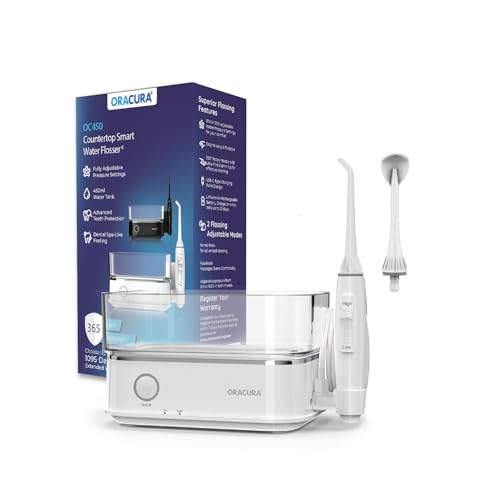 ORACURA® OC450 LITE Countertop Smart Water Flosser® White | 365 Days Warranty | Adjustable Water Pressure Settings | 450ml Water Tank | Rechargeable | 30-Day Battery Life | 2 Nozzle Tips