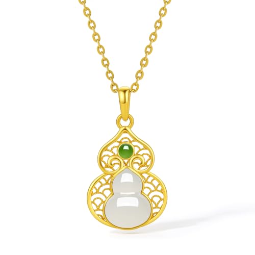 24K Gold Pendant Jade Gourd Charms Good Luck Jewelry Feng Shui Charm Natural White Jadeite Pendants Fortune Hetian Gemstone Wealth Healing Stone Protection Bead Lifetime Solid Gold Gifts for Women Men