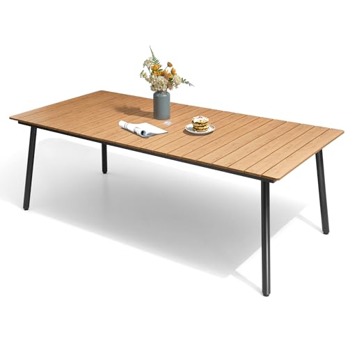 VredHom Outdoor Dining Table for 6-8, 82.7 inch Patio Dining Table with Wooden-Like Top and Aluminum Frame, Rectangular Table with Umbrella Hole Outdoor Furniture, Brown