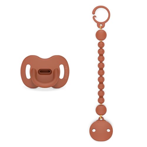 Suavinex, Chupete Todo Silicona, para Bebés 0/6 Meses, con Tetina Fisiológica SX Pro, Blandito y Flexible + Chupetero con Cadena de Silicona, de una Única Pieza, Colour Essence Teja