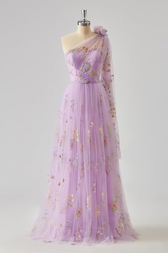 Cudiew Flower Embroidery Tulle Prom Dress for Women One Shoulder Formal Floral Party Gowns Floor Length2