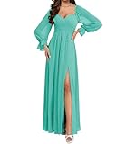 ORRCIGH Vestido de dama de honor de manga larga de gasa, plisado, formal, vestido largo con abertura WPX045, turquesa, 42