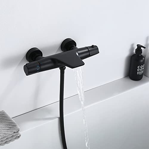 Homelody Robinet de Baignoire Cascade Thermostatique noir pour Baignoire Robinet Mitigeur,Mitigeur thermostatique douche avec Bouton Sécurisé à 40°C en Laiton Chromé Cover