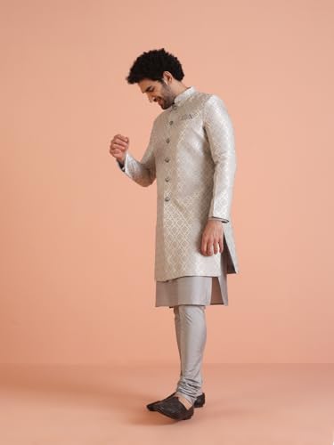 Image of KISAH Men's Silk Blend Full Sleeves Regular Fit Woven Design Blue Kurta Indo Western Sherwani Churidar Set | Traditional Wear for Men