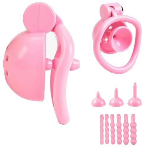 Image of Male Chastity Device Tease Locked Cock Cage Penis Exercise for Men consisting of 5 Rings and 3 Pads (Pink)