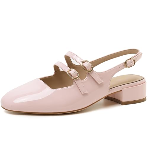 Image of Mostrin Mary Jane Shoes Women Slingback Chunky Low Heels for Women Closed Rounded Toe Ankle Strap Pumps Daily Wedding Party Dress Shoes