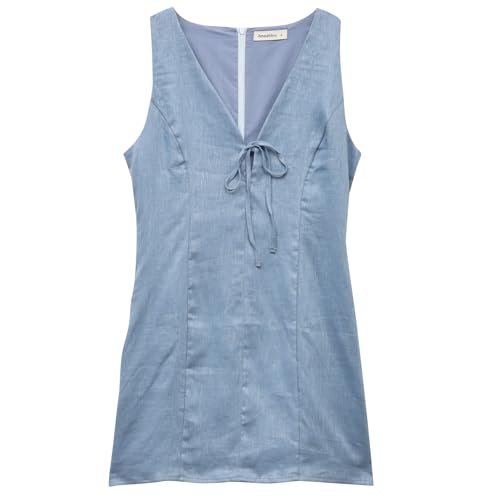 Image of Amazhiyu Womens 100% Linen Summer V Neck Tie Front Sleeveless Mini Tank Dress