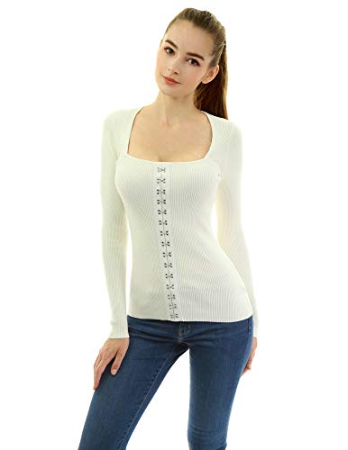 Amélieboutik Women Square Neck Buckle Embellished Ribbed Sweater (Ivory X-Large) #TOP17
