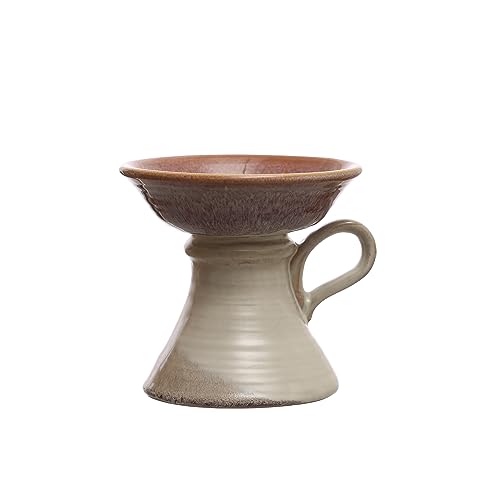 5.25 Inches Stoneware Candle Pillar Holder with Handle and Reactive Glaze for 5 Inches Pillar, Brown