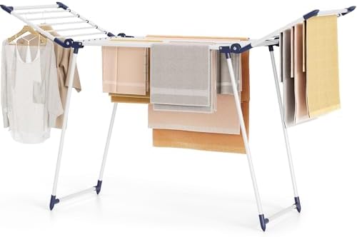 SYKIARIOL Wäscheständer, Standtrockner Flügel Klappbar, Platzsparend, Weiß | Gullwing-Design mit ausziehbaren Flügeln – kippsicherer Stand, flach klappbar, für Balkon & Terrasse.