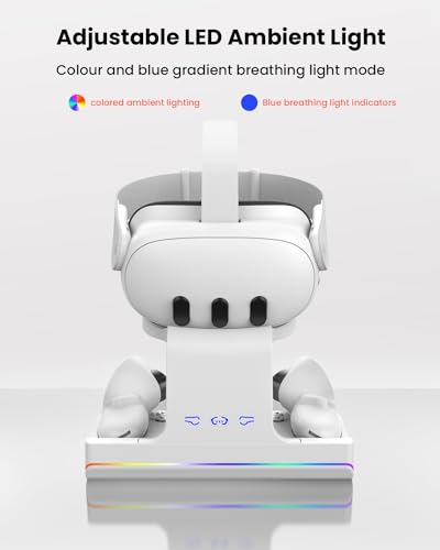 GEEKERA Charging Dock Compatible with Meta Quest 3 Magnetic VR Charging Station with LED Light, Charging Stand for Headset VR3 Accessories, 2 Rechargeable Batteries, with 18W Adapter