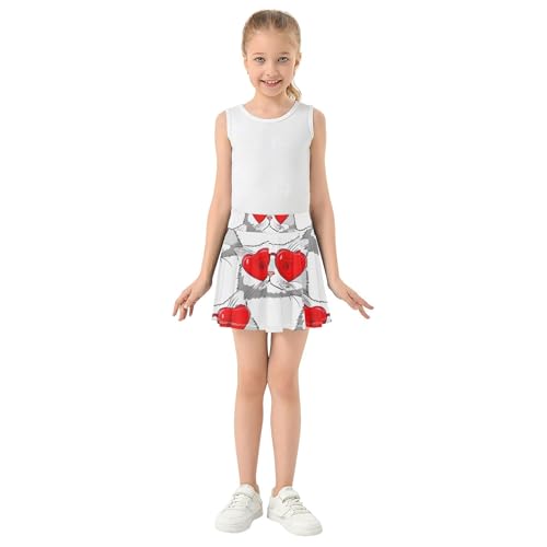 Cat Print Red Heart Valentine Skirts with Shorts Casual Girls Skorts Athletic Shorts Teen Cheer 4t3