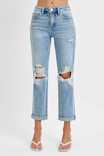 Risen Tummy Control High Rise Straight Double Roll Up Jeans4