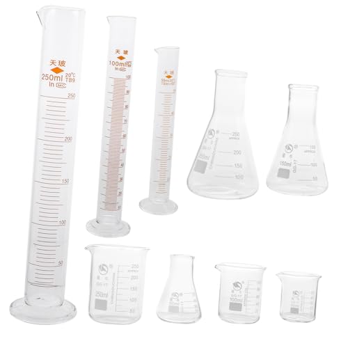 GRIRIW -in- Glassware Set 9pc Beaker Collection Measuring Cups Cylinders Flask Double Scale for Chemistry Education and Science