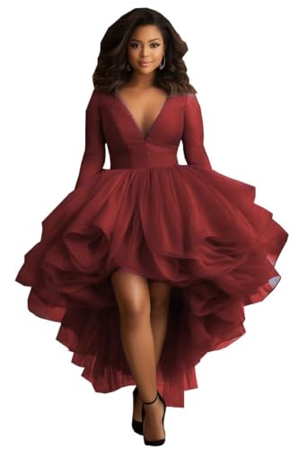 2025 Unqiue Short Front Long Back Hi lo V Neck Prom Homecoming Cocktail Quince Dresses with Long Sleeves