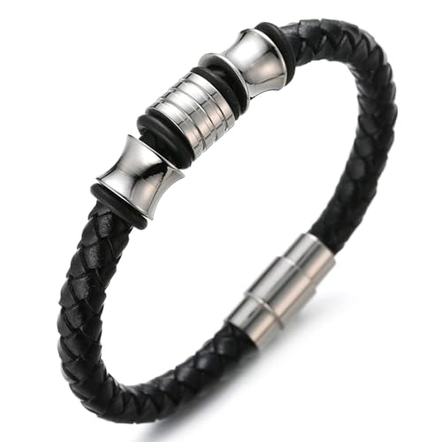 Regalo ragazzo 100 euro HALUKAKAH Bambini ● Solo Junior ● Bracciale Ragazzo Maschio in Vera Pelle Cuoio Nero 6-12 Anni Perle in Argento Titanio Acciaio Chiusura Magnetica 7'(18cm) con Pacco Regalo Gratuita