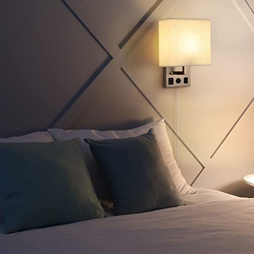 Bty Modern Wall Sconces Set Of 2, Wall Lamps Bedroom Plug In With Usb Charging Ports Ac Socket Sconces Wall Lighting For Living Room Hallway, White(2 Bulbs Included) #TOP5