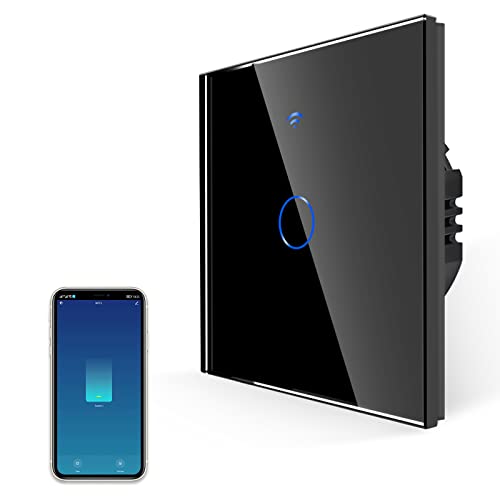 JIMEIDA Smart Touch Lichtschalter in Schwarz, Kompatibel mit Alexa, Google Home, Amazon, Kein Neutralleiter erforderlich, Wlan Lichtschalter mit Glas Panel und Status-LED- 240 V, 1 Gang Cover