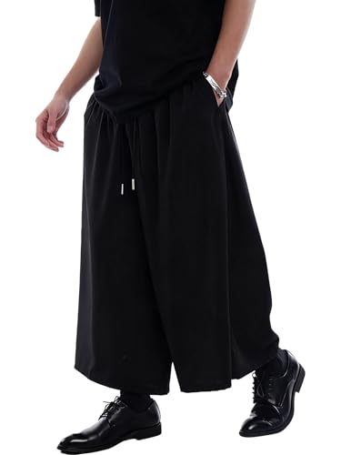 Verdusa Men's Wide Leg Baggy Pants Streetwear Drawstring Waist Crop Pants with Pockets