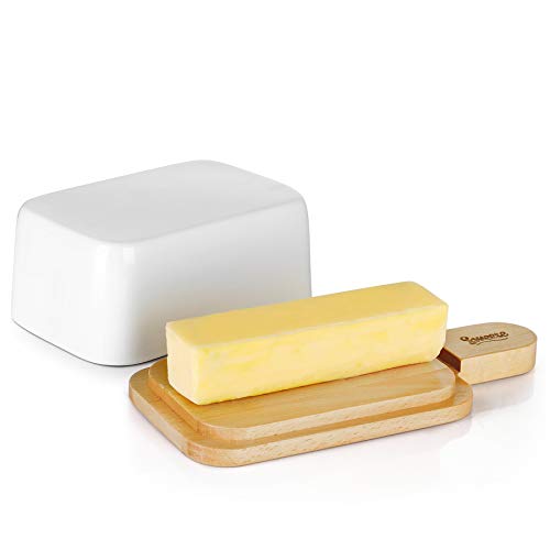 Sweese 323.101 Butter Dish With Lid And Handle, Porcelain Butter Keeper And Extended Wooden Lid, White #TOP2