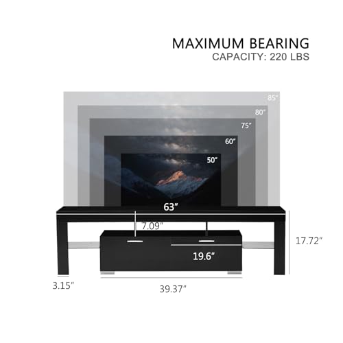 Nrizc LED TV Stand 60-75 inch, Modern Entertainment Center for Living Room, Black TV Console with 2 Drawers, Wooden TV Cabinet with Stroage - Image 3