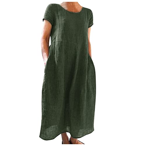 OUMSHBI Linen Dresses for Women UK with Pockets Casual Crewneck Short Sleeve Summer Maxi Dress Solid Color Holiday Beach Boho Sundress Loose Plus Size Flowy Swing Womens Dresses