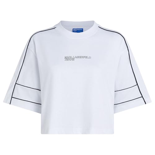 Karl Lagerfeld Jeans, Mujeres, Camiseta Corta De Manga Corta Con Ribetes Y Corte Relajado, Ajuste Relajado, Blanco, XS