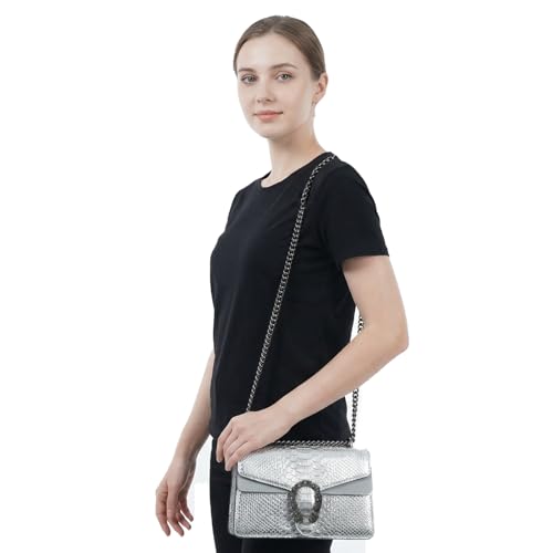 Image of Crossbody Shoulder Square Purse For Women - Fashion Embossed Snake-Print Leather Handbag Metal Chain satchel Tote Bag