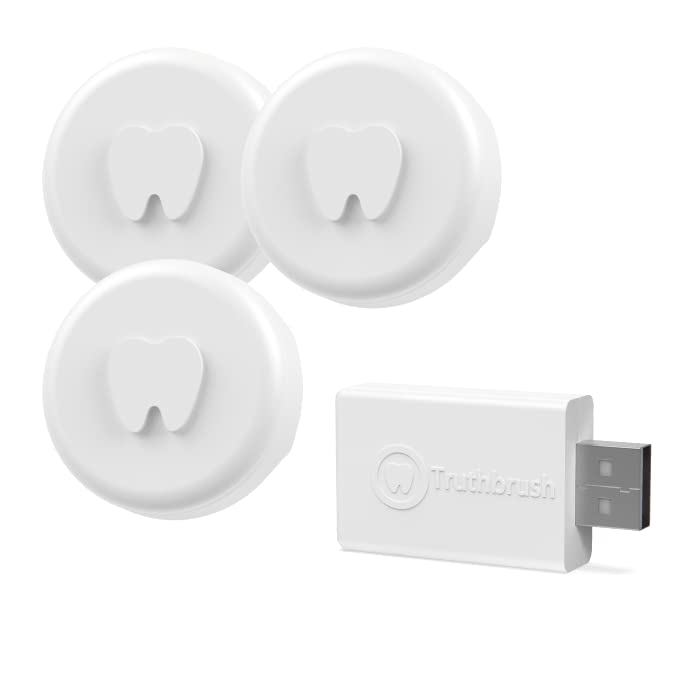(New Model) Truthbrush PRO Tracker Hub Skin Bundle. Replaceable battery, 2 Minutes Beeper Timer. Track Brush Duration, Coverage. Free Smart Android iOS App. Ready to use (3 Tracker + 1 Hub, White)