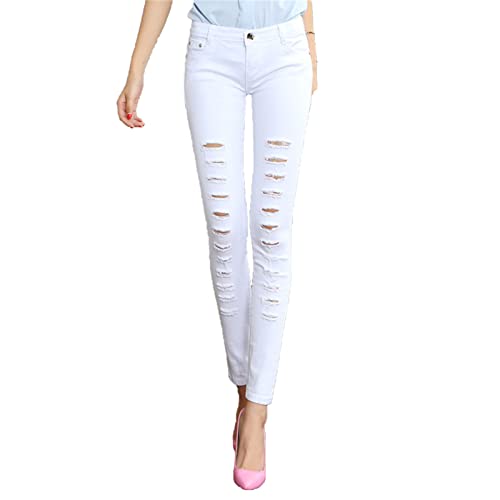 Ripped Jeans for Women Mid Waisted Skinny Destroyed Denim Pants Slim Fit Distressed Stretch Butt Lift Jean Trouser (White,34)