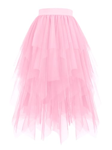 Hanpceirs Damen Tüll Röcke High Low Layered Puffy Fee Röcke A-Linie Midi Rock Unregelmäßiger Tutu Rock Light Pink M