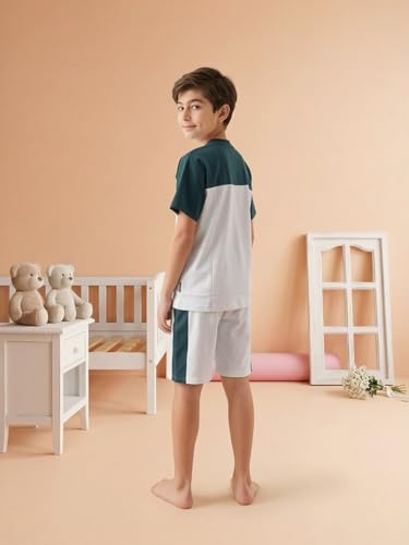 Image of Li'l Tomatoes Boys 100% Cotton Night Suit Set | Half Sleeve T-Shirt & Shorts | Color Block & Typography Print | Soft & Breathable Sleepwear | Casual Summer Wear | 9-16 Years