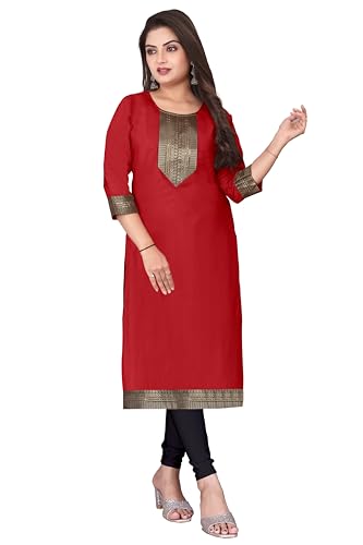 Image of Elegant red Straight Kurti with Golden Embroidered Yoke, Three Quarter Sleeves and Classic Border Detailing for Festive, Office and Everyday wear