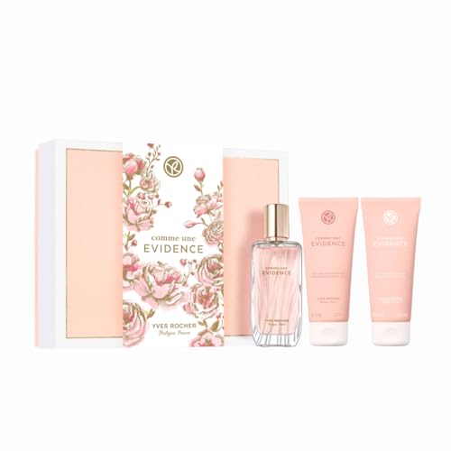 Yves Rocher Comme Une Evidence Geschenkset Eau de Parfum 50 ml + Körpermilch 75 ml + Duschgel 75 ml Femininer blumig & holziger Duft Pflegeset für Frauen Made in France