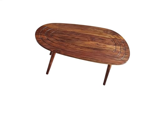 Image of Modern Sheesham Wood Oval Coffee Table, Walnut Finish | Solid Wood, Smooth Finish, For Living Room, Home, Office & Lounge, Center Table