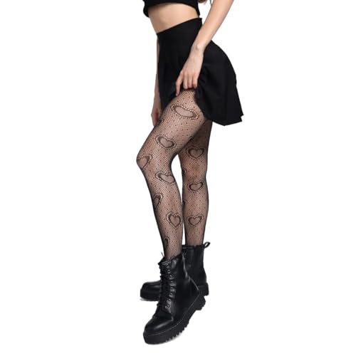 Black Fishnet Tights for Women – Sexy High Waist Heart Patterned Pantyhose | Gothic Mesh Stockings for Cosplay, Clubwear, Parties, Festivals, Plus Size & One Size Options Available