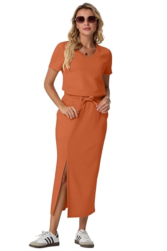 Image of GRECERELLE Women Summer Casual 2 Piece Sets V-Neck Wrinkle-Free Top & Elastic Waist Midi Side Slit Skirt with Pockets