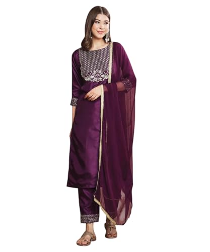 Image of LookMark Women's Silk Blend Embroidered Kurti Set with Bottom and Dupatta |Kurta Set for Women