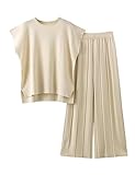 Zaxqunty 2 Piece Outfits for Women Sweater Sets Knit Vest Tops Elastic Waisted Pants(1-Beige-L)
