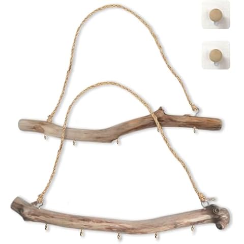 Qenk 2Pcs 15 Inch Natural Driftwood Decorative Branches Farmhouse Home Wall Hanging Decor Hanging Jewelry Organizers with 5 Hooks Cover