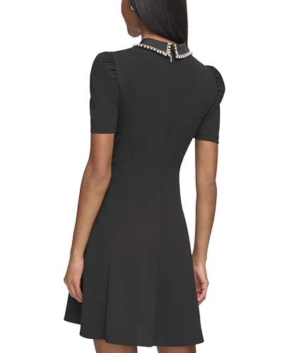 KARL LAGERFELD Women's Short Puff Sleeve Embellished Collar Scuba Crepe A-line Mini Dress4