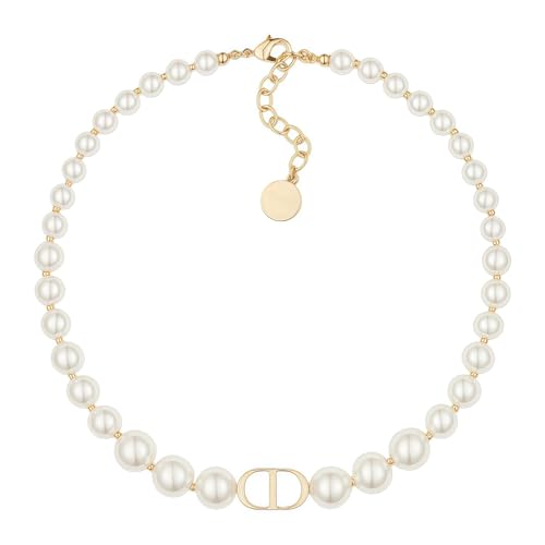 Merlinae 18K gold plated copper pearl necklace with luxurious letter design and rectangular three-dimensional pendant a fashionable jewelry piece for ladies.