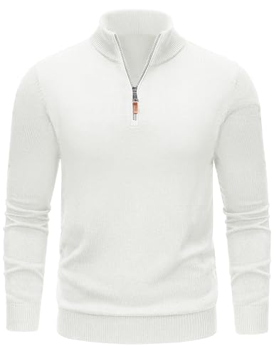 TACVASEN Sweaters for Men 1/4 Zip Cotton Pullover Sweaters Casual Long Sleeve Quarter Zip Up Sweatshirts White, M