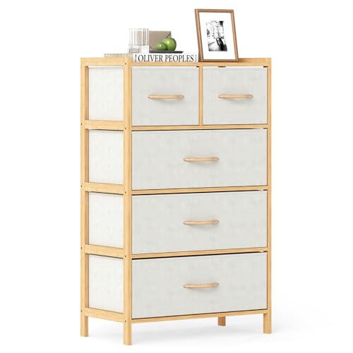 LOKO Fabric Dresser with 5 Drawers, Bamboo Chest of Drawers, Vertical Storage Tower for Small Space, Storage Organizer Unit for Bedroom, Entryway, Living Room, Laundry Room, Closet