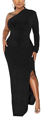 Women's Black Formal Dresses Elegant Long Sleeve Evening Party Dress Sexy One Shoulder High Split Cocktail Gowns,08Black X-Large