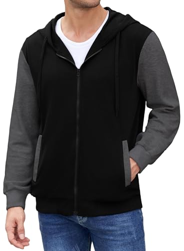 PEGENO Mens Zip Up Hoodie Lightweight Fleece Jacket with Drawstring Hood for Streetwear Hiking Travel Sports and Casual Wear Black Grey Large