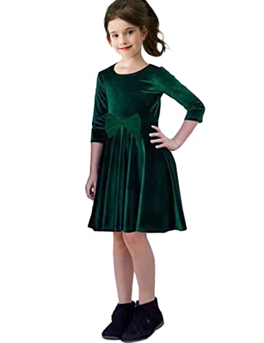 Flower Girl Dress Velvet 3/4 Sleeve Waist Bow Holiday Party Twirl Dresses with Pockets for Girls 4-12T2