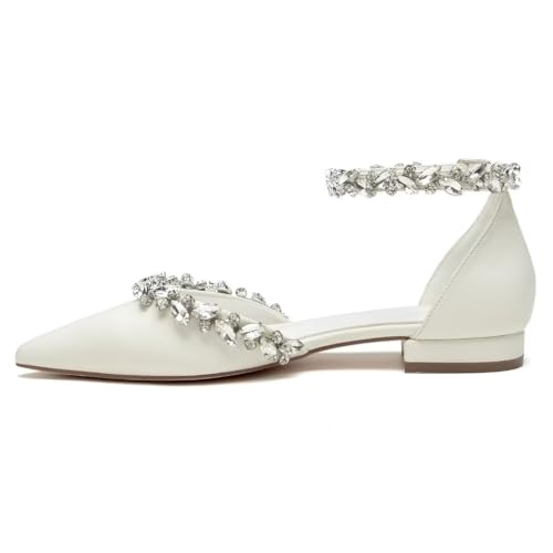 Flat Wedding Shoes for Bride Rhinestones Pointed Toe Ankle Strap Bridal Flats Women Formal Shoes3